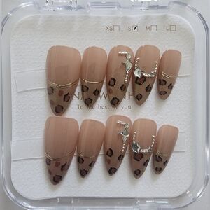 Leopard Print French Tip Press On Nails - Silver Butterfly Charms - Size Small